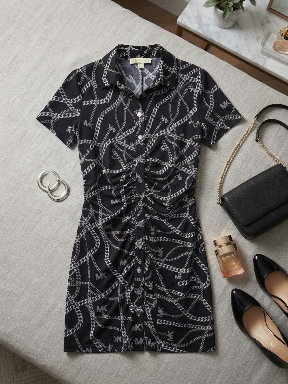 Michael Kors Black Mini Dress with Silver Chain Print